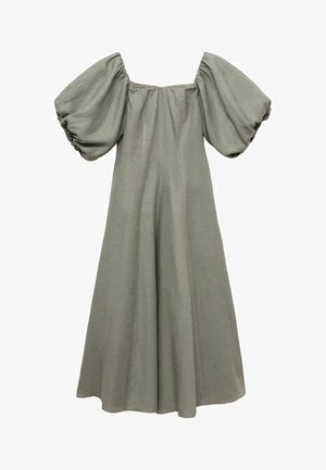 Rochie verde din in, cu mâneci bufante și decolteu pătrat. Siluetă A-line fluidă, cu un finisaj texturat și fără accesorii vizibile.