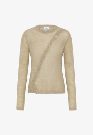 Beige sweater lavet af blødt materiale, med lange ærmer, en rund halsudskæring og en asymmetrisk knaplukning foran.