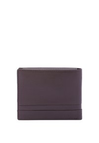 Portafoglio in pelle marrone con una texture liscia, design bifold e cuciture sottili lungo i bordi. Forma compatta, stile minimalista.