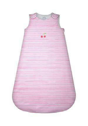 Sacco nanna senza maniche per neonati con strisce orizzontali rosa e un piccolo disegno di ciliegia sul petto, con bottoni automatici sulle spalle.