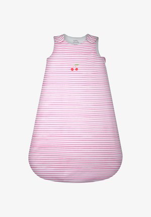 Sacco nanna senza maniche per neonati con strisce orizzontali rosa e un piccolo disegno di ciliegia sul petto, con bottoni automatici sulle spalle.