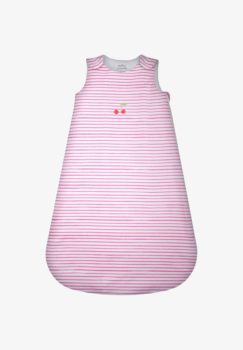 Ärmelloser Babyschlafsack mit rosa horizontalen Streifen und kleinem Kirschmotiv auf der Brust, mit Druckknöpfen an den Schultern.
