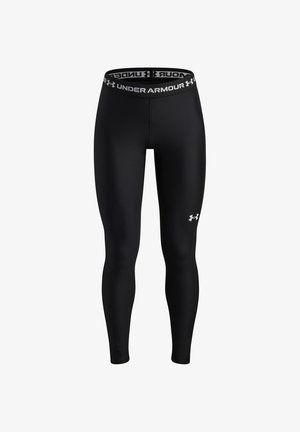 Čierne kompresné legíny Under Armour s celou dĺžkou, elastickým pásom s označením značky a logom na hornej časti stehna.
