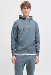 Grå hoodie med en frontlomme og snor til huen, med et hvidt logo på brystet. Blødt, glat stof med en afslappet pasform.