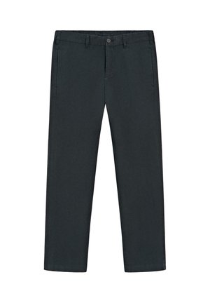 Pantaloni neri a gamba dritta con passanti per cintura, chiusura con bottone e tasche laterali, mostrati distesi su uno sfondo bianco.