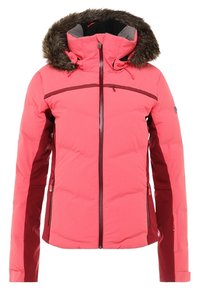 Veste d'hiver rose avec des panneaux latéraux rouge foncé, une fermeture éclair à l'avant, des poches zippées et une capuche bordée de fausse fourrure marron.
