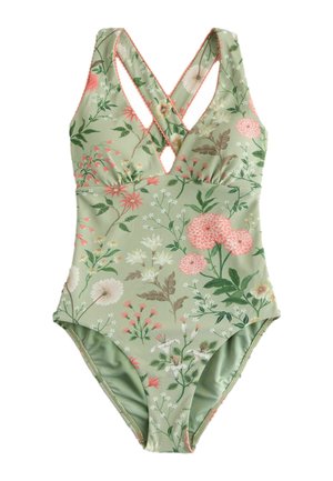 Einteiliger Badeanzug in Grün mit Blumendruck, mit überkreuzten Trägern, strukturiertem Stoff und ausgeschnittenem Detail oberhalb der Brust.