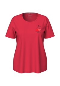 T-shirt rouge à manches courtes avec un col rond et un graphique de cerise accompagné du texte « Tu es la cerise sur le gâteau » en noir près de la poitrine.