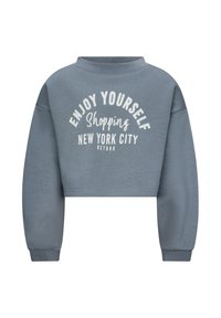 Felpa cropped in tessuto azzurro chiaro. Presenta un collo rotondo e maniche lunghe. Il testo frontale recita "DIVERTITI a fare shopping a NEW YORK CITY."