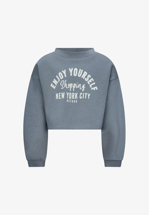 Cropped sweatshirt in light blue fabric. Features a round neckline and long sleeves. Front text reads “ENJOY YOURSELF Shopping NEW YORK CITY.”