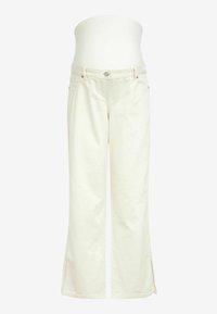 Pantalon de maternité taille haute, large, écru, avec extension de la ceinture pour un soutien du ventre et fentes latérales à l’ourlet.