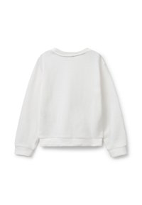 Sudadera blanca con cuello y puños acanalados, diseño corto y textura suave. La parte trasera es lisa, sin logotipos ni patrones visibles.