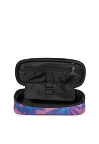 Astuccio nero con cerniera decorato con un design di foglie di palma rosa e blu, dotato di una tasca interna organizer e di un compartimento con zip in rete.