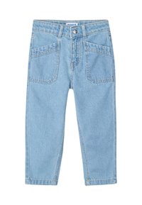 Pantaloni in denim azzurro chiaro con vestibilità regolare, dotati di due tasche frontali, due tasche posteriori e chiusura con bottone metallico in vita.
