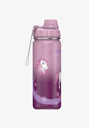 Lila Farbverlauf Aluminium-Wasserflasche mit Einhorn- und Stern-Grafiken, strukturiertem Griff und einem verschraubbaren Deckel, der über eine kleine Schlaufe angebracht ist.