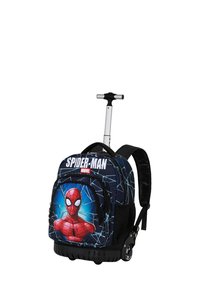Mochila con ruedas con diseño de Spider-Man. Negra con detalles en azul, el bolsillo frontal muestra un gráfico de Spider-Man. Mango telescópico, material duradero.