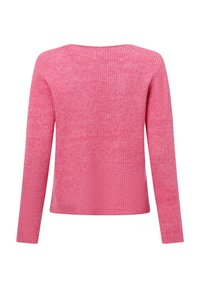 Langermige trui in roze, met een ribbeltextuur, ronde halslijn en een rechte zoom. Bij de achteraanzicht is het effen van kleur zonder patronen.
