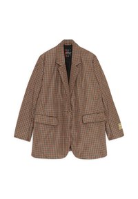 Karirani smeđi i narančasti blejzer od teksturirane tkanine, sa reverima, dva prednja džepa i zatvaranjem na jedan dugme.