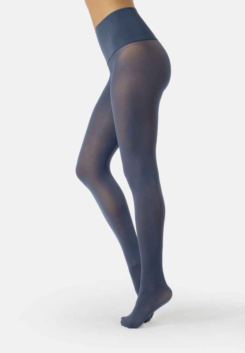 Collant blu navy con una texture liscia e una vita alta, caratterizzati da una finitura semitrasparente che si estende fino ai piedi.