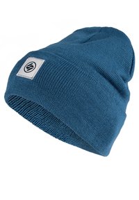 Blue knit beanie with a soft texture, folded cuff, and a square label featuring a logo. The fabric exhibits a fine, consistent pattern.