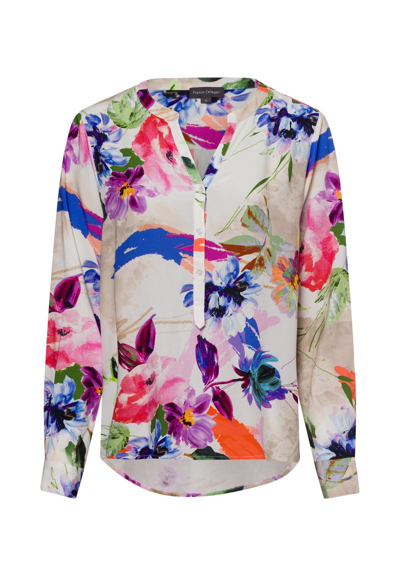 Blusa a maniche lunghe con stampa floreale che presenta fiori multicolori su uno sfondo chiaro, con scollatura a V e chiusura con bottoni.