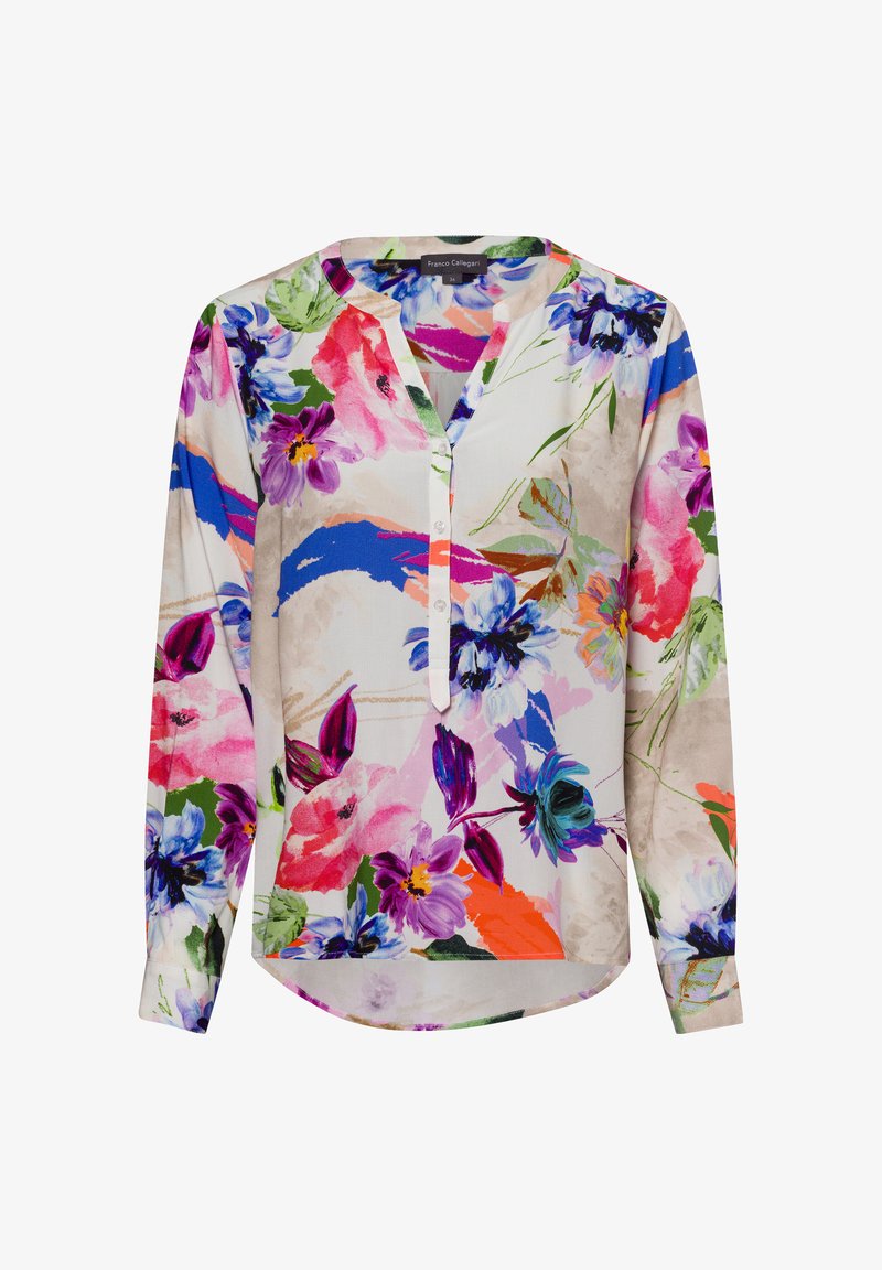 Blusa a maniche lunghe con stampa floreale che presenta fiori multicolori su uno sfondo chiaro, con scollatura a V e chiusura con bottoni.