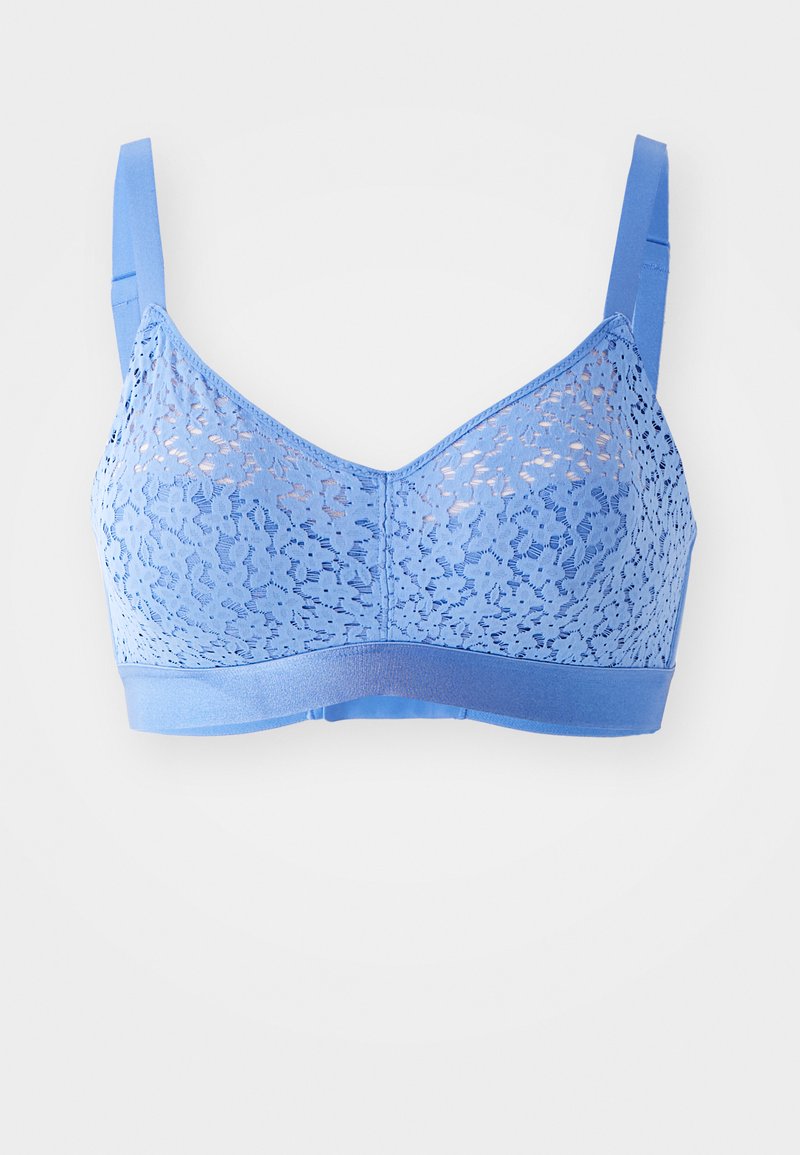 Lys blå blonde bralette med justerbare stropper, med blomstermønster og en glatt underband. Elastisk stoff for komfort.