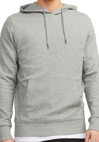 Gray hoodie made of soft fleece material, features a kangaroo pocket, drawstring hood, and ribbed cuffs and hem.