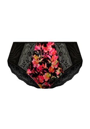 Lencería de encaje negro con un patrón floral central en rosa y amarillo sobre un fondo negro. Forma hexagonal, textura suave.