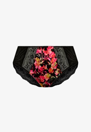 Schwarze Spitzenunterwäsche mit zentralem Blumenmuster in Pink und Gelb auf schwarzem Hintergrund. Sechseckige Form, glatte Textur.