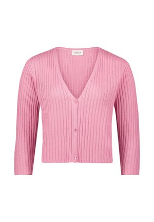 Roze geribde cardigan met een V-hals, lange mouwen en drie knopen aan de voorkant. Zachte textuur met een subtiele glans.