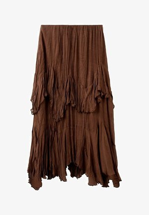 Brown crinkled skirt with an asymmetrical hem and layered, draped fabric details creating a textured, flowing look.