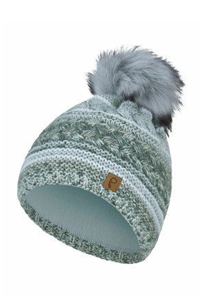 Knit winter hat in green and white pattern with soft fleece lining and large gray faux fur pom-pom on top.