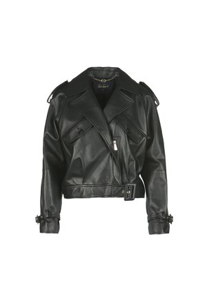 Black leather cropped jacket featuring a double-breasted design, two front pockets, and adjustable straps on the cuffs with a belted waist.