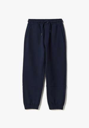 Pantalon de survêtement bleu marine avec taille et poignets élastiques, poches avant, et cordon de serrage ajustable.