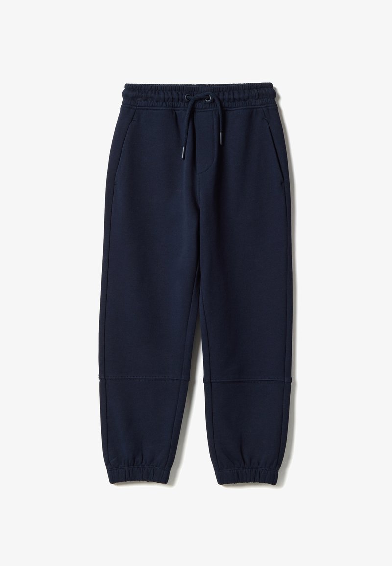 Navy blue sweatpants with elastic waistband and cuffs, front pockets, and adjustable drawstring.