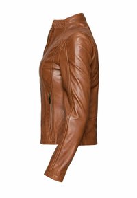 Braune Lederjacke mit taillierter Passform, ausgestattet mit einem Reißverschluss auf der Vorderseite, seitlichen Taschen und sichtbaren Nähten entlang der Säume.