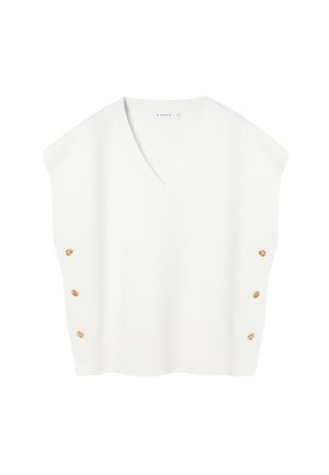 Pull sans manches blanc en maille avec un col en V et des accents de boutons dorés le long du côté gauche. Texture douce et coupe décontractée.