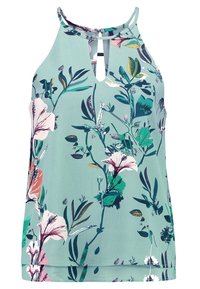 Una blusa sin mangas de color verde menta con escote en forma de ojo de cerradura, que presenta un patrón floral en tonos rosas, blancos y verdes sobre una tela suave y texturizada.