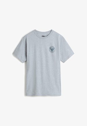 Graues Baumwoll-T-Shirt mit Rundhalsausschnitt, kurzen Ärmeln und einem Vorderlogo im dunkelblauen Kreisdesign. Glatte Textur, lässige Passform.