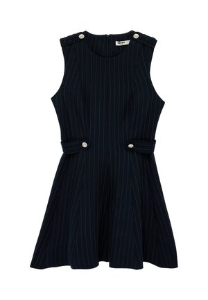 Vestido sin mangas azul marino de rayas finas con escote redondo, detalles de botones plateados en los hombros y la cintura, y falda acampanada.