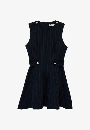 Vestido sin mangas azul marino de rayas finas con escote redondo, detalles de botones plateados en los hombros y la cintura, y falda acampanada.