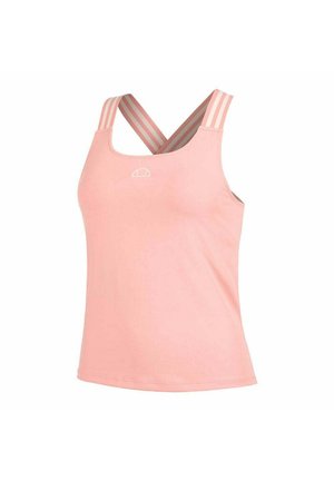 Débardeur de sport rose clair avec un décolleté arrondi, des bretelles croisées multi-rayées et une texture douce. Présente un petit logo à l'avant.