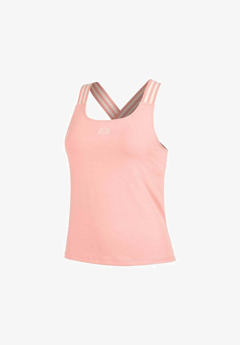 Helles pinkes Sporttrikot mit Rundhalsausschnitt, gekreuzten mehrfarbigen Trägern und einer glatten Textur. Besondere Merkmale sind ein kleines Logo auf der Vorderseite.