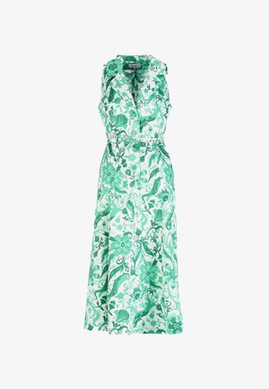 Ärmelloses Maxikleid mit grün-weißem Blumenmuster, Knöpfen vorne und tailliertem Gürtel.