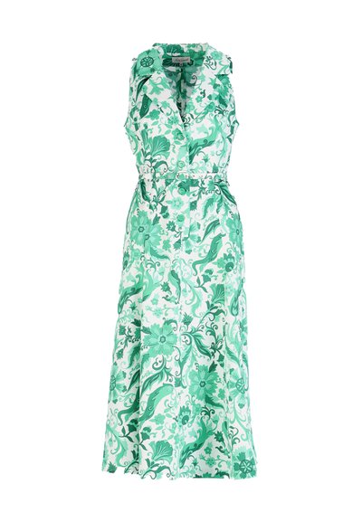 Sleeveless green and white floral patterned maxi dress with buttons down front and belted waist.