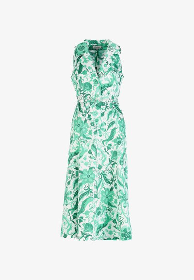 Sleeveless green and white floral patterned maxi dress with buttons down front and belted waist.