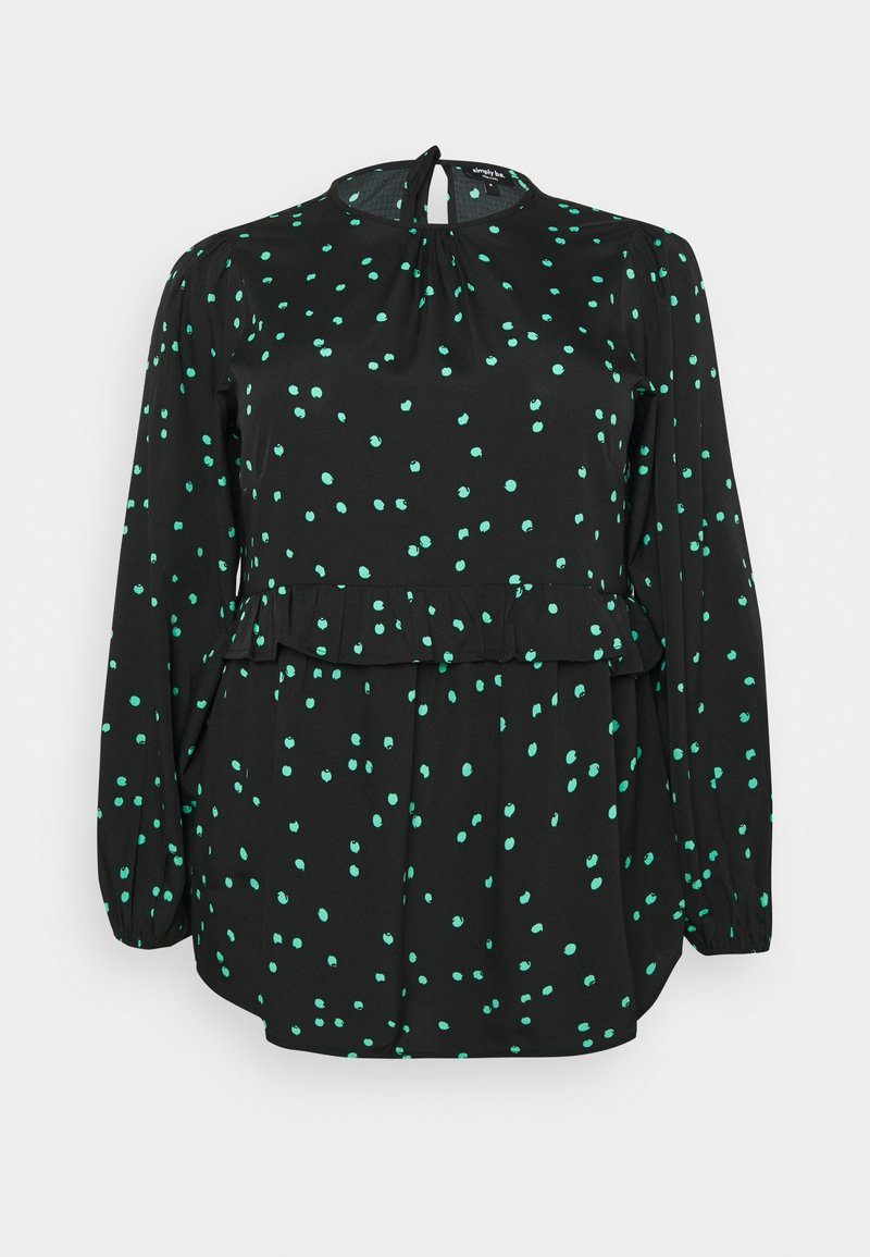 Schwarze Bluse mit langen Ärmeln und hohem Kragen, ausgestattet mit einem Peplum-Taille und verstreuten mintgrünen Punkten. Schlüssel ausschnitt im Rücken.