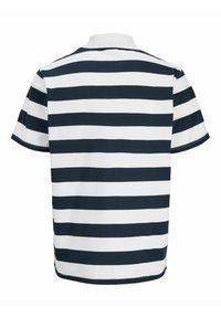 Polo à manches courtes avec larges rayures horizontales noires et blanches, présenté de dos sur un fond blanc.