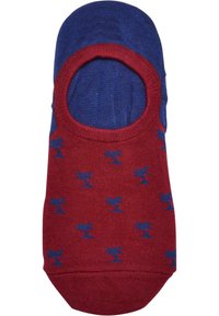 Une paire de chaussettes basses : l'une en bleu et l'autre en rouge avec un motif de petites formes bleues. Fabriquées en textile tricoté avec une texture lisse.